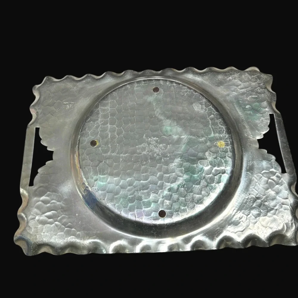 Vintage Hand Forged Hammered Aluminum Floral Serving Tray 88 Ruffled Edge 16.5in